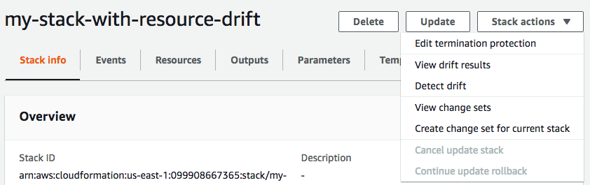 The Detect drift for current stack command selected on the Stack actions menu for the selected stack.