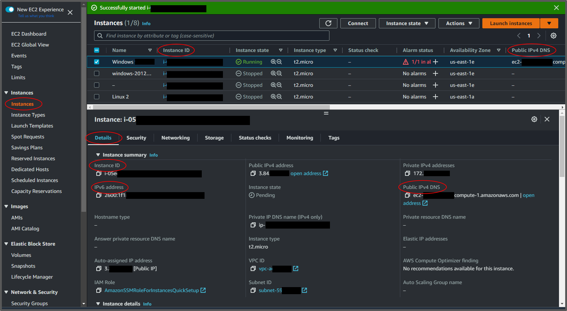 The Instances pane of the Amazon EC2 console.