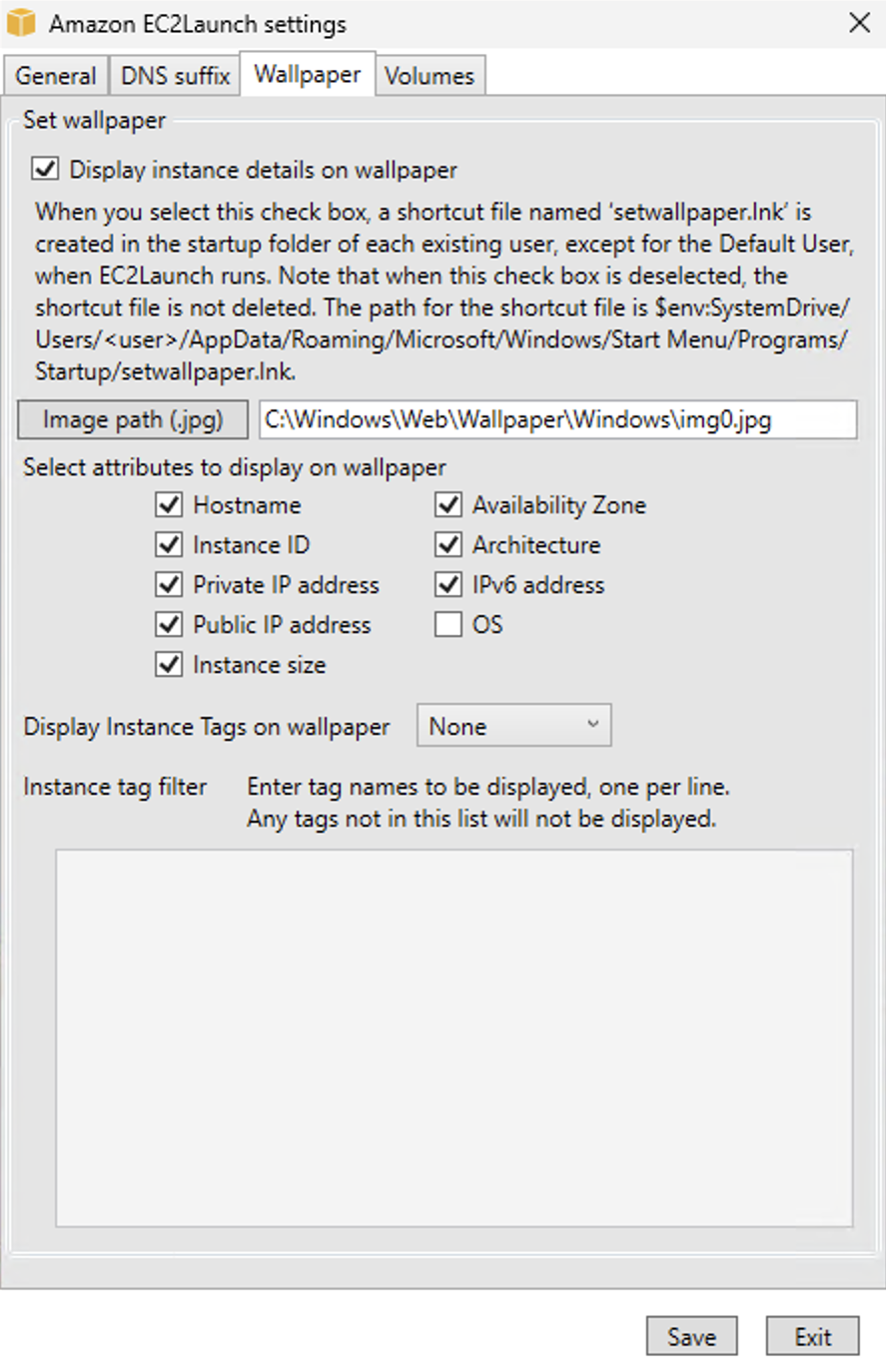 EC2 Launch settings Wallpaper tab.