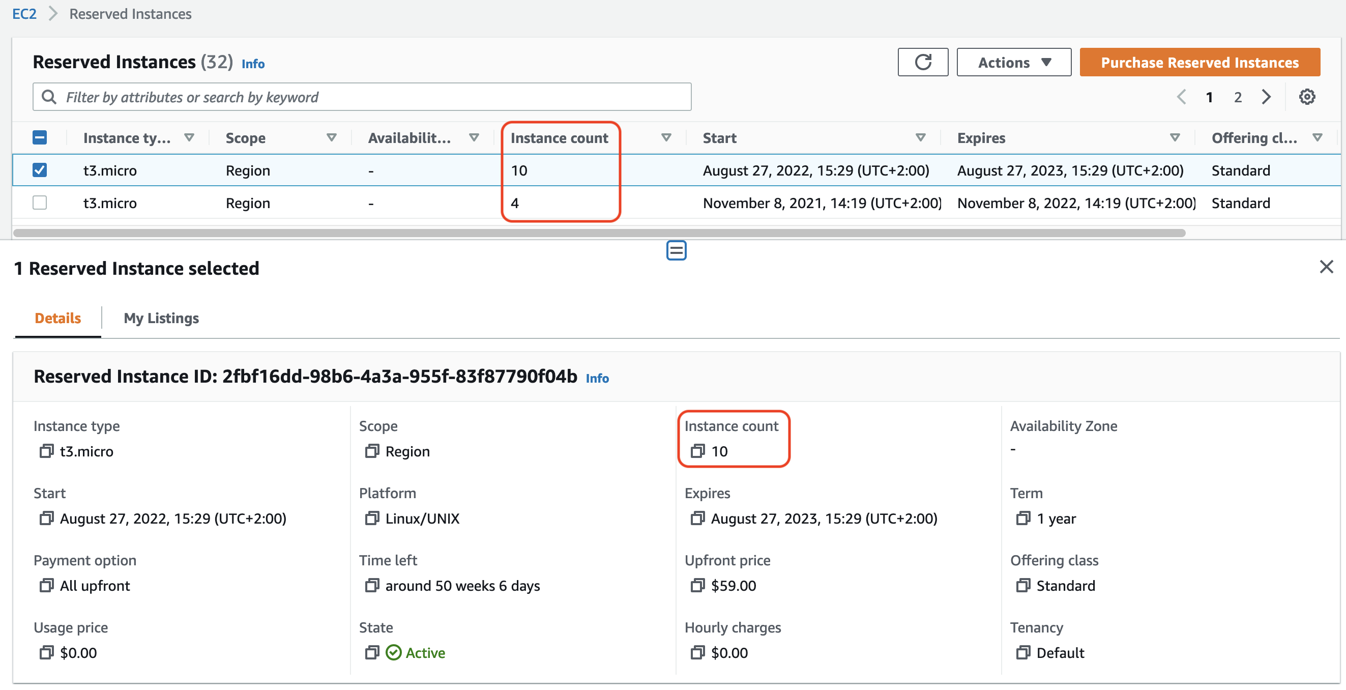 This image shows the Reserved Instances screen in the Amazon EC2 console. The Instance count field is outlined in the screenshot.