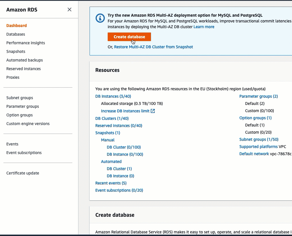 This animation shows how to create an RDS database. For the text version of this animation, see the steps in the preceding procedure.