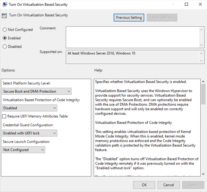 Virtualization Based Security Group Policy Object settings with Turn On Virtualization Based Security enabled.