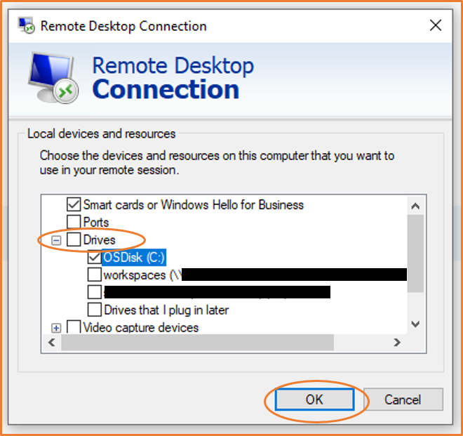 RDP Local devices and resources window.