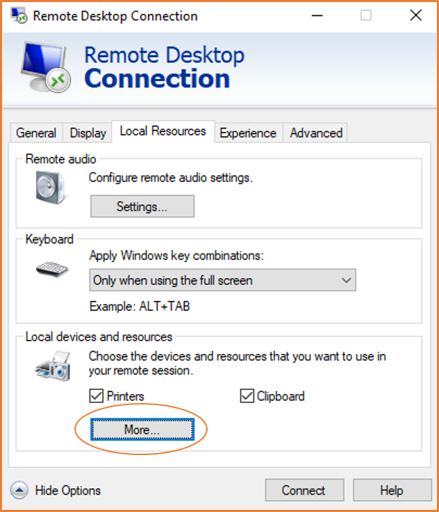 RDP Local Resources window.