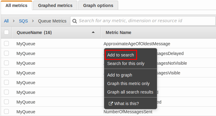 The CloudWatch console displaying the with Add to search highlighted in the metric name menu.