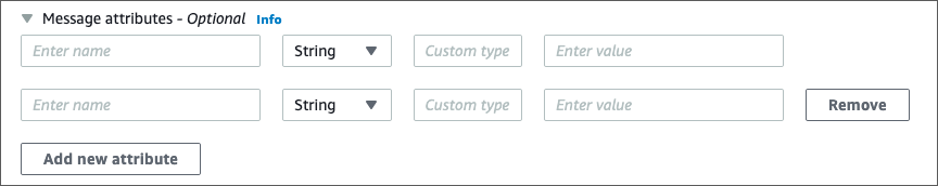 The Amazon SQS console displaying the Remove button in the Message attributes section.