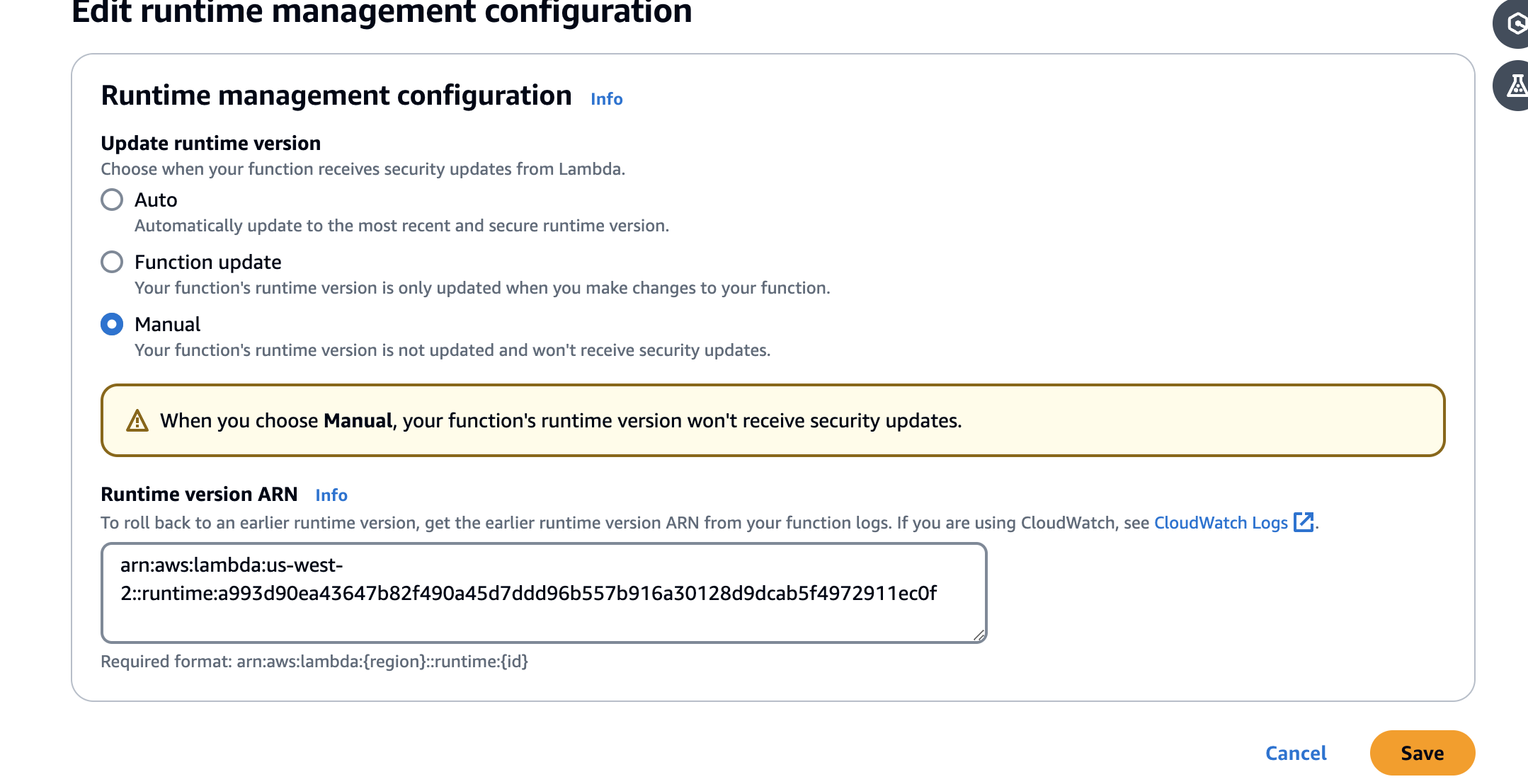 Shows the Runtime management configuration screen, and shows where the to paste the Runtime version ARN that you previousl copied..