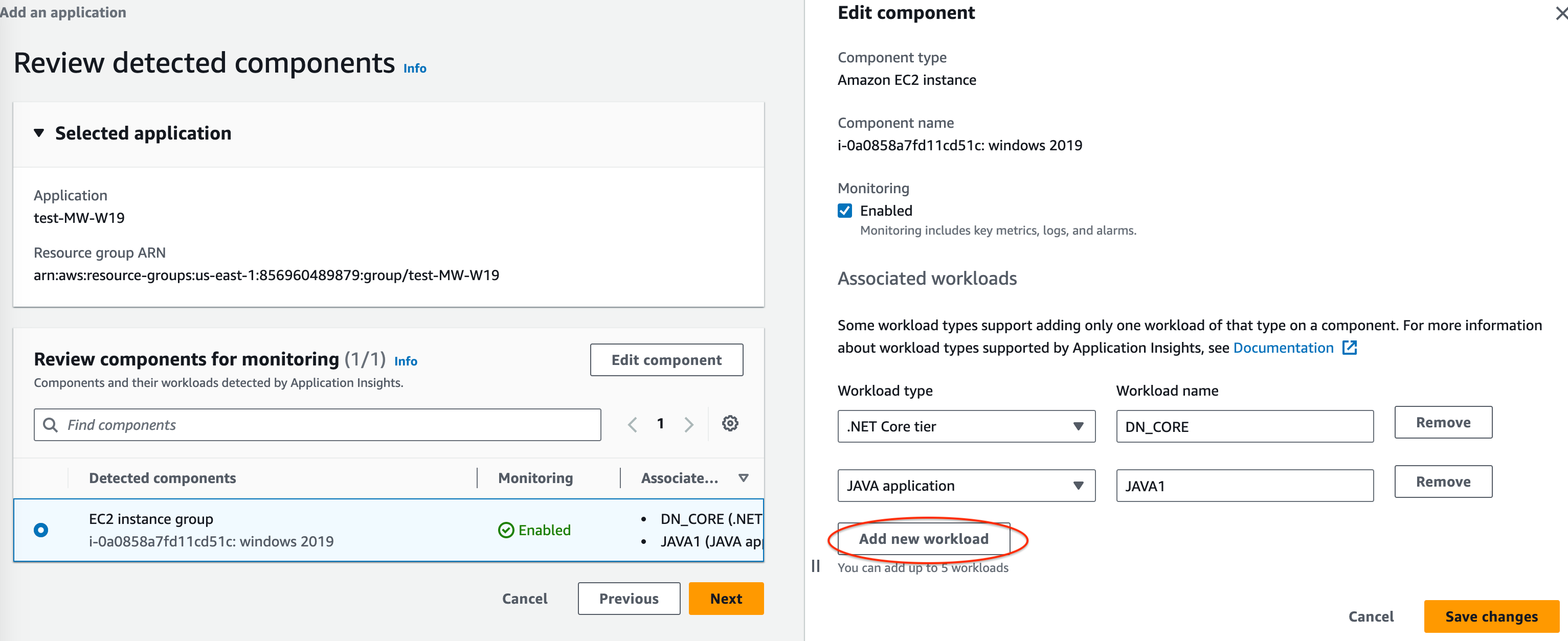 The edit component section of the CloudWatch Application Insights console: lower left button to add a new workload.