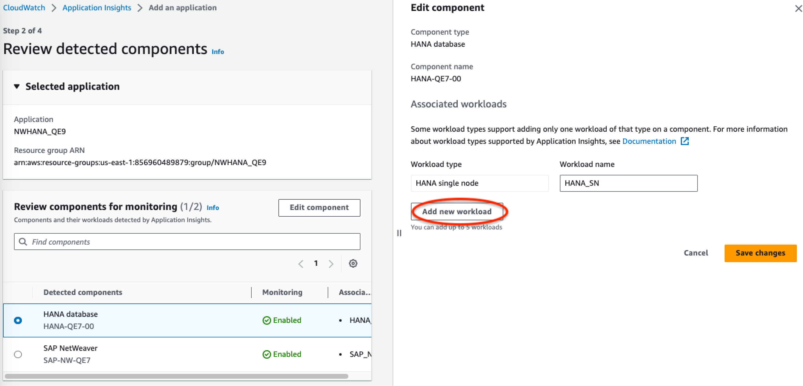 The edit component section of the CloudWatch Application Insights console: choose lower left button to add workload.