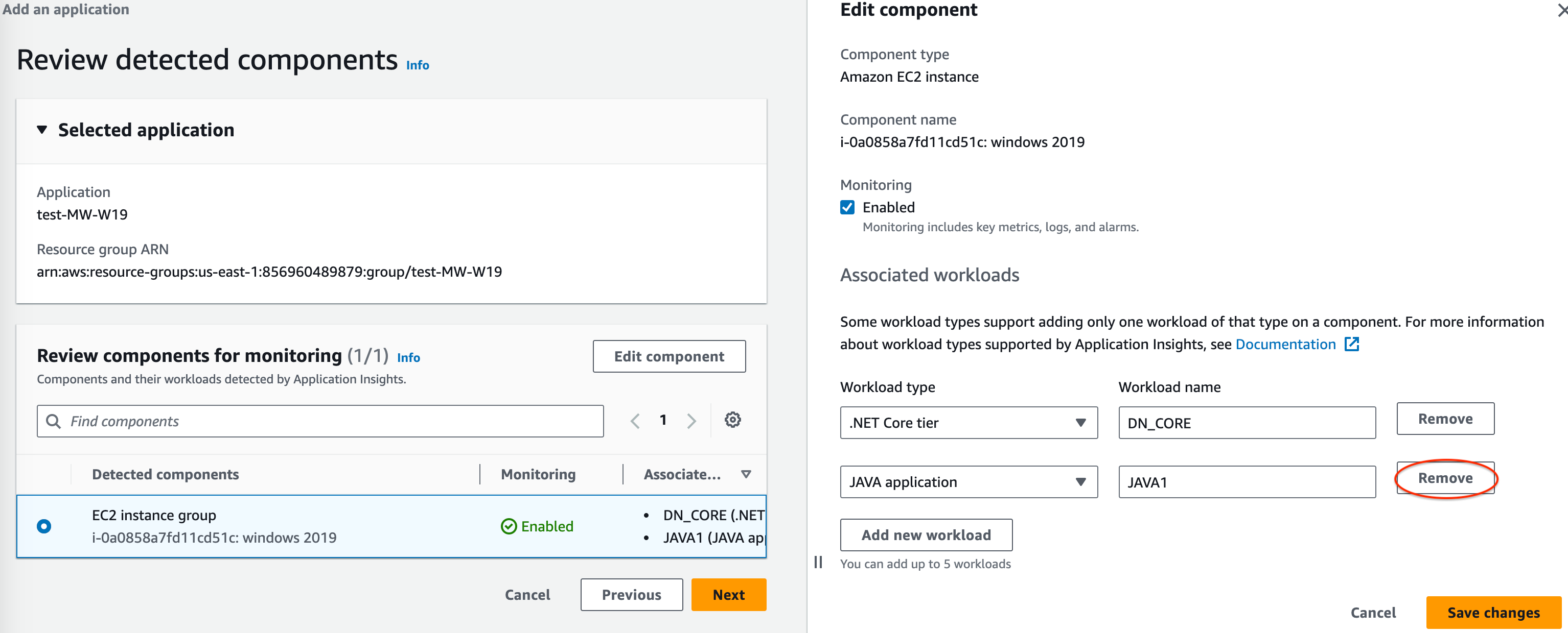 The edit component section of the CloudWatch Application Insights console: remove a workload.