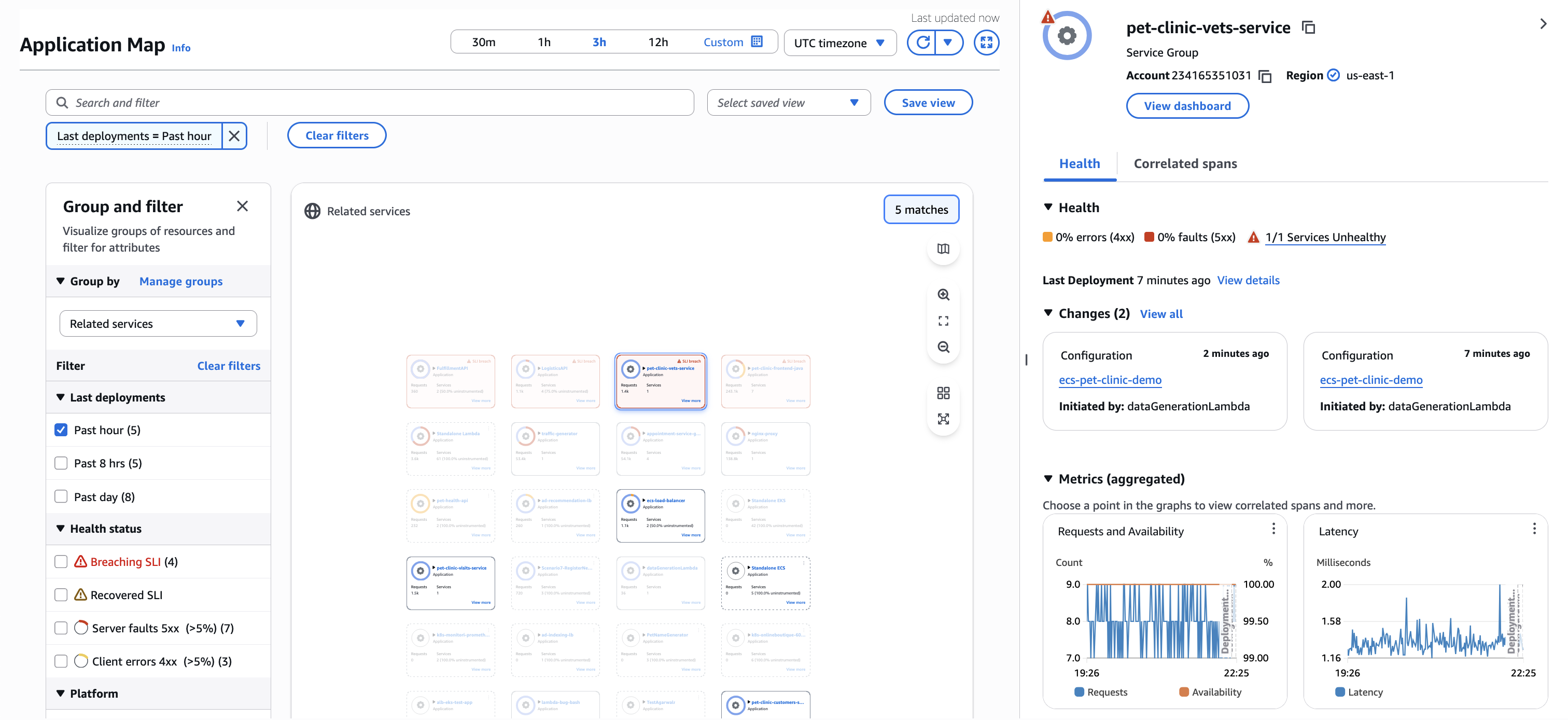 CloudWatch application map with deployment filtering and change events in group drawer.