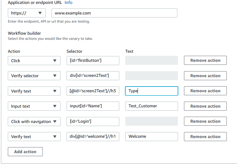 The create canary page in the console, with fields filled in for the GUI Workflow blueprint.