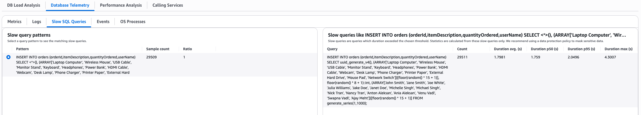 Displays details about an example of a slow SQL query