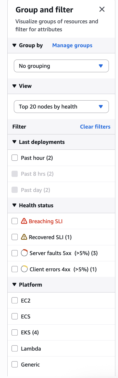 Grouping and filter services on the application dashboard