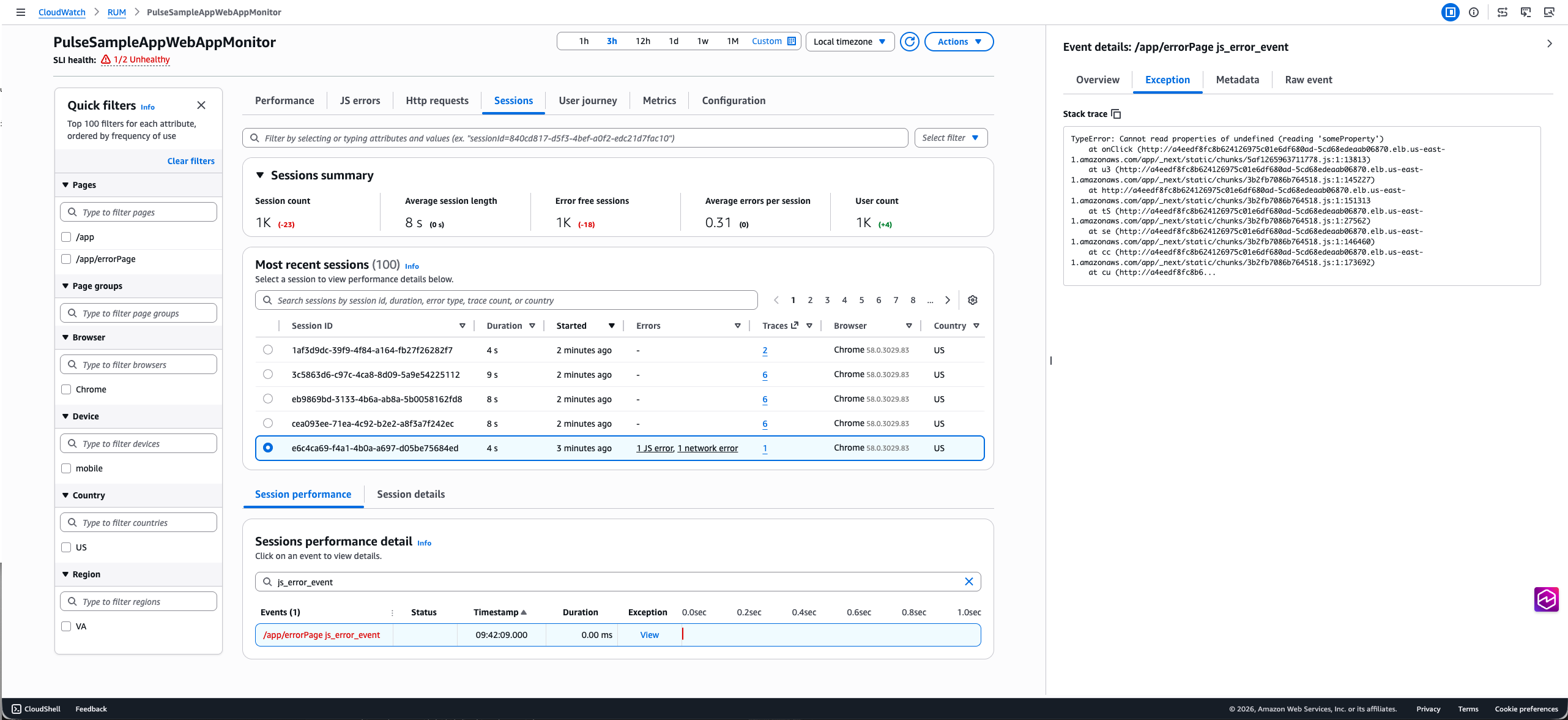 Sessions tab showing session list and waterfall visualization of telemetry events