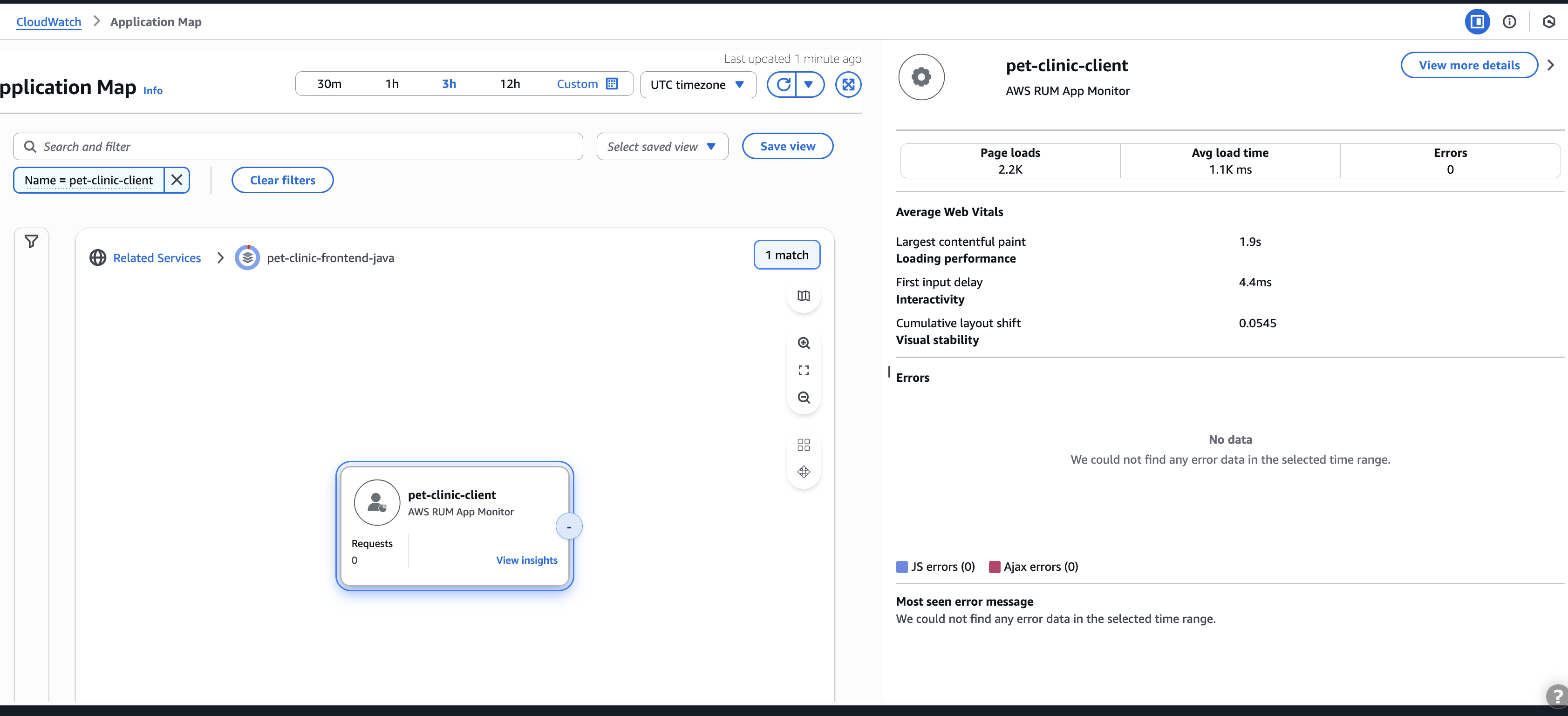 A CloudWatch application map displaying an expandable client node.