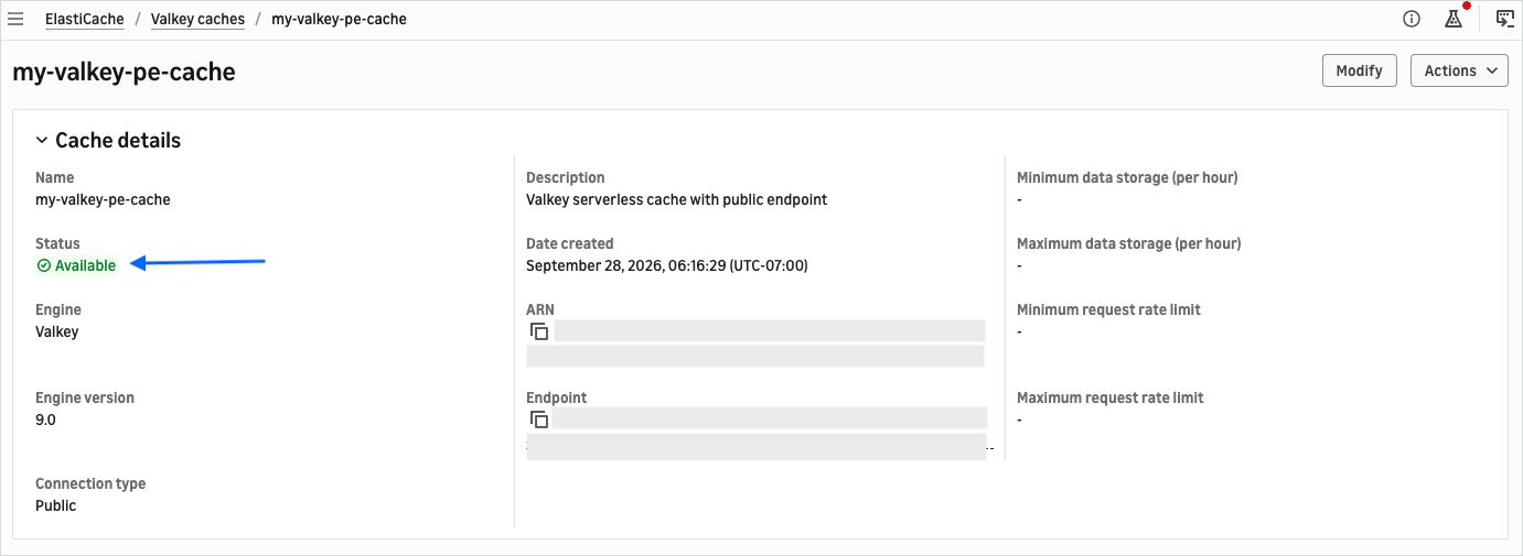 The Cache details page showing the cache status changed to Available.