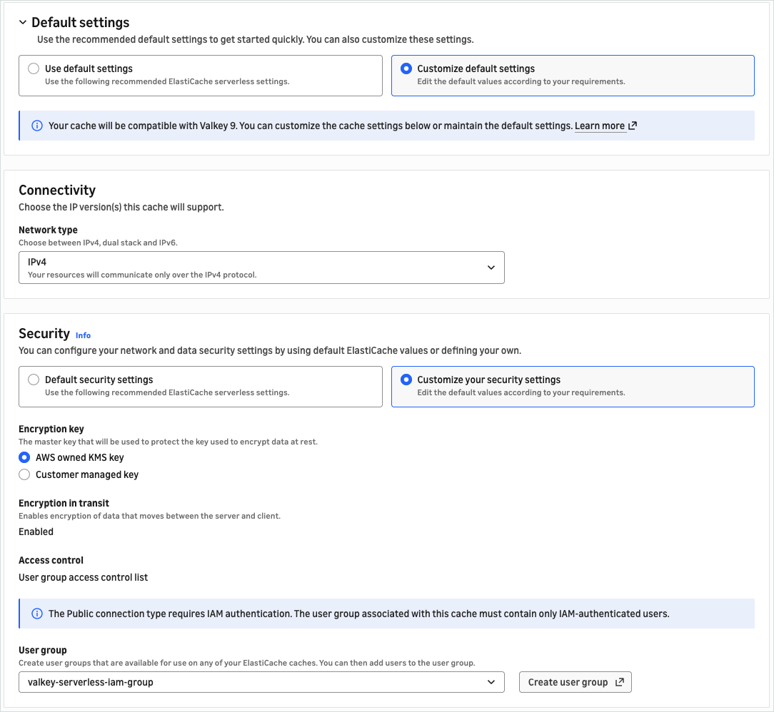 The Customize default settings area showing network type, security settings, and user group.