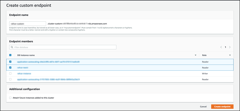 Create custom endpoint page with fields for endpoint identifier, instance type selection, and static/exclusion options.