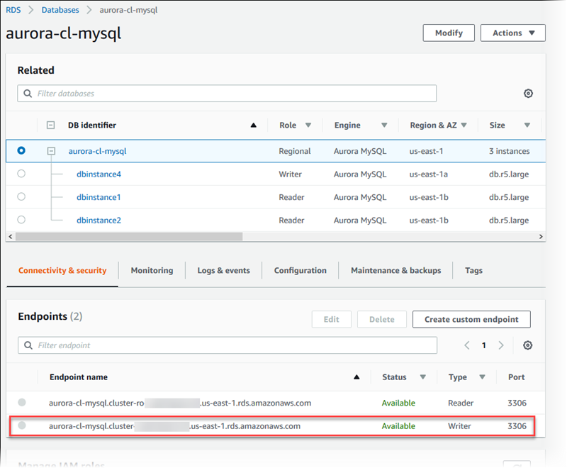 Aurora MySQL writer endpoint details panel displaying the connection address for database connectivity.