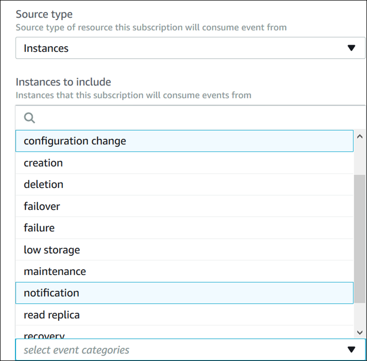 List DB event notification categories
