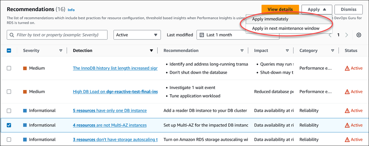An active recommendation selected and Apply button with its options highlighted in the console.