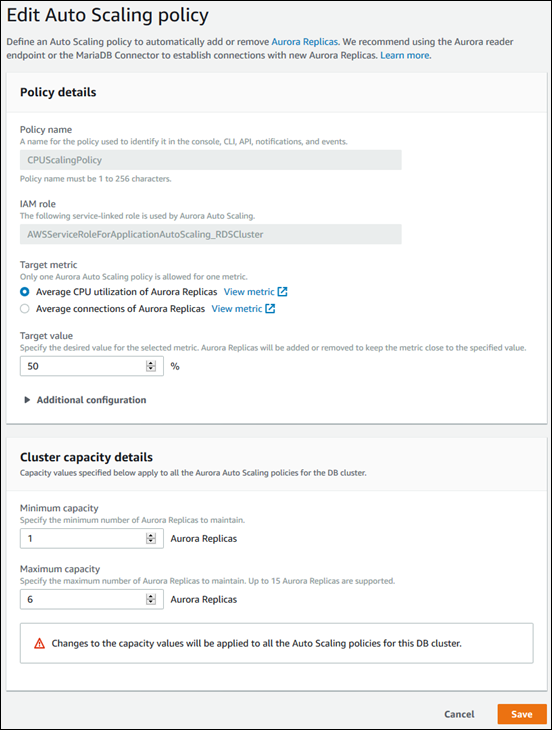 Editing an auto scaling policy based on average CPU utilization