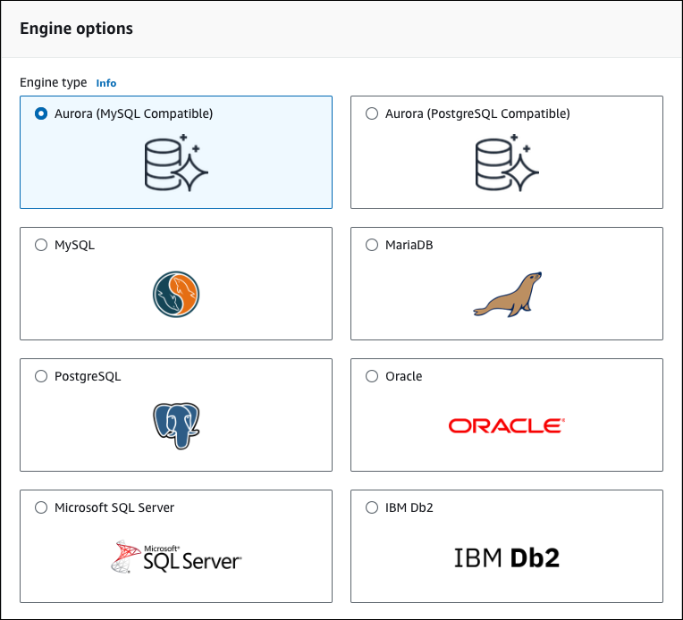 Aurora MySQL engine selection interface showing version options and compatibility settings for database creation.