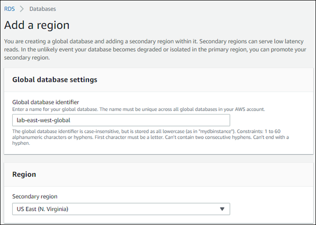 The Add a region page for an Aurora global database.