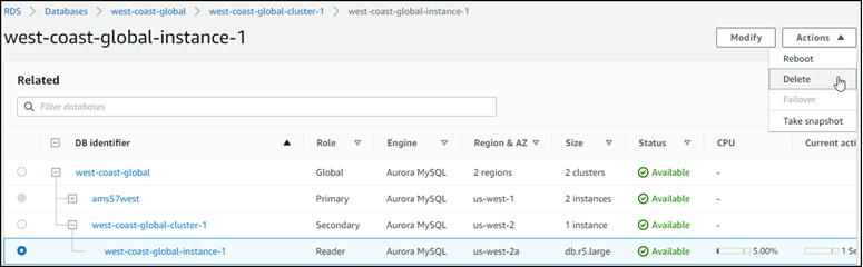 Screenshot showing the reader instance selected and ready to delete.