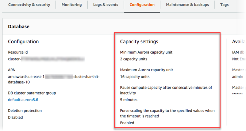 Viewing Aurora Serverless v1 DB cluster capacity settings