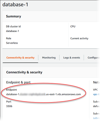 Viewing Aurora Serverless v1 DB cluster database endpoint