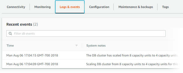 Viewing Aurora Serverless v1 DB cluster capacity settings