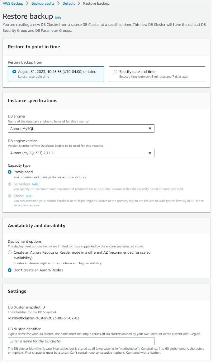 Restore backup page for point-in-time recovery (PITR).