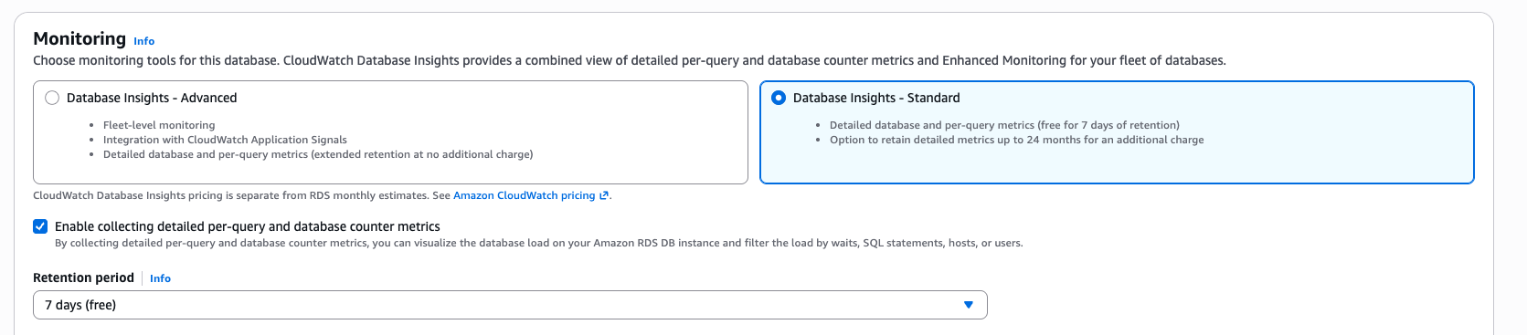 Database Insights section on the DB cluster creation page, with the option to enable detailed database metrics.