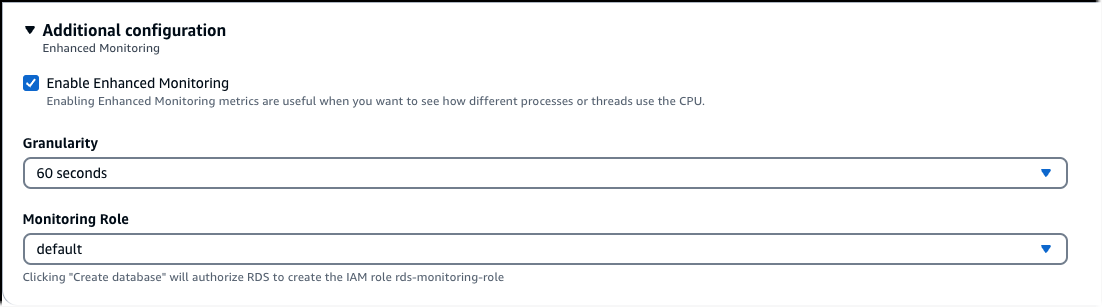 Turn on Enhanced Monitoring during DB cluster creation with console.
