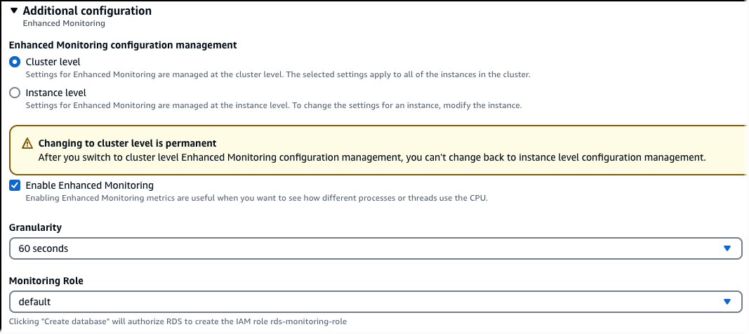 Turn on Performance Insights during DB cluster creation with console.