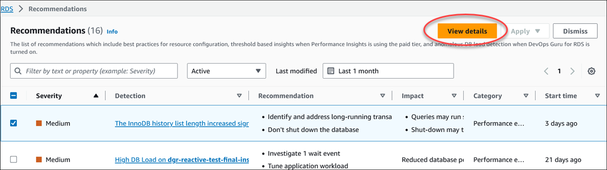 Recommendations page in the console with a selected recommendation and view details button chosen.