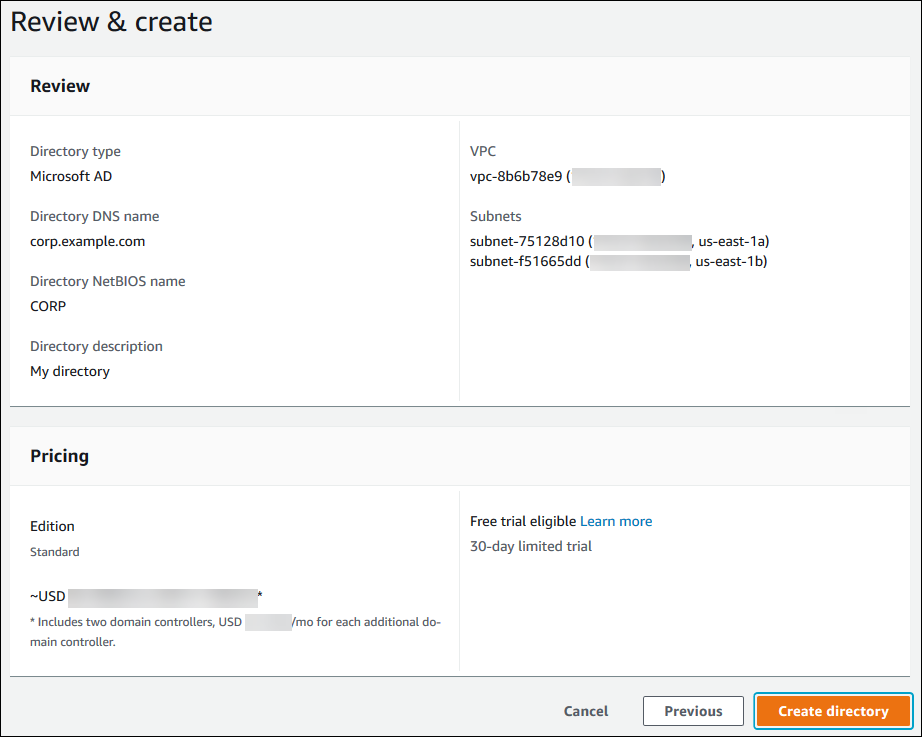 The Review & create window during directory creation in the Directory Service console.