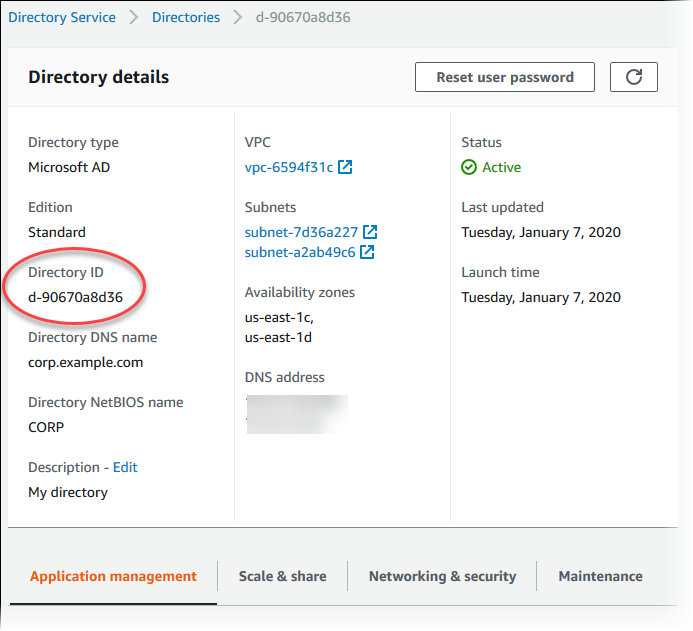 The Directory details section with Directory ID in the Directory Service console.