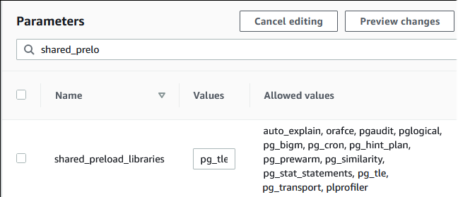 Image of the shared_preload_libraries parameter with pg_tle added.