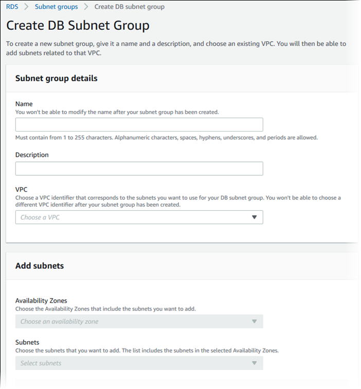 Create DB subnet group page.