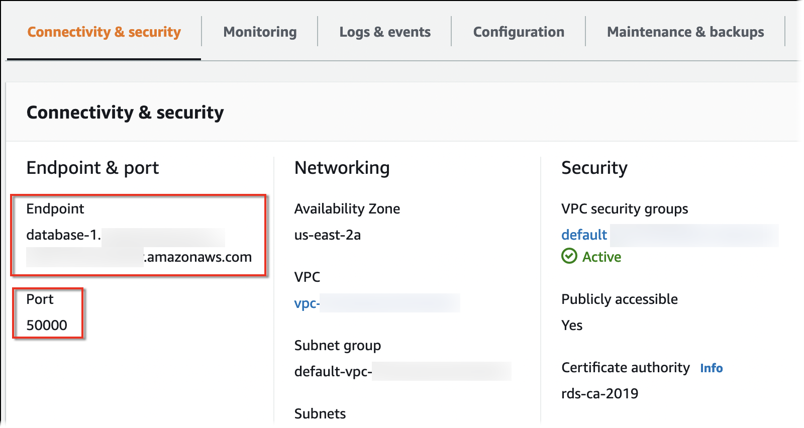 The Connectivity and security tab for a DB instance that shows the endpoint and port.