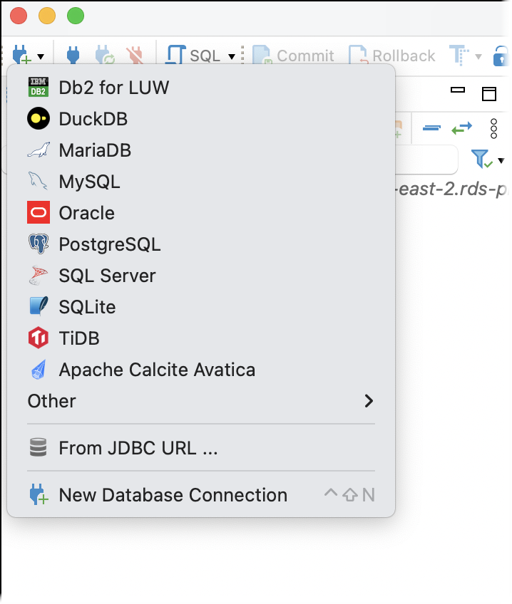 The menu that lists engine types in DBeaver.