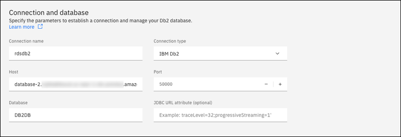 The Connection and database section for a new connection in IBM Db2 Data Management Console with Host, Port, and Database fields.