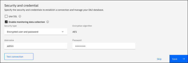 The Security and credential section for a new connection in IBM Db2 Data Management Console.