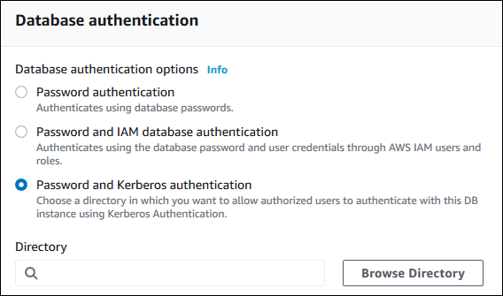 The Database authentication section with Password and Kerberos authentication selected in the Amazon RDS console.