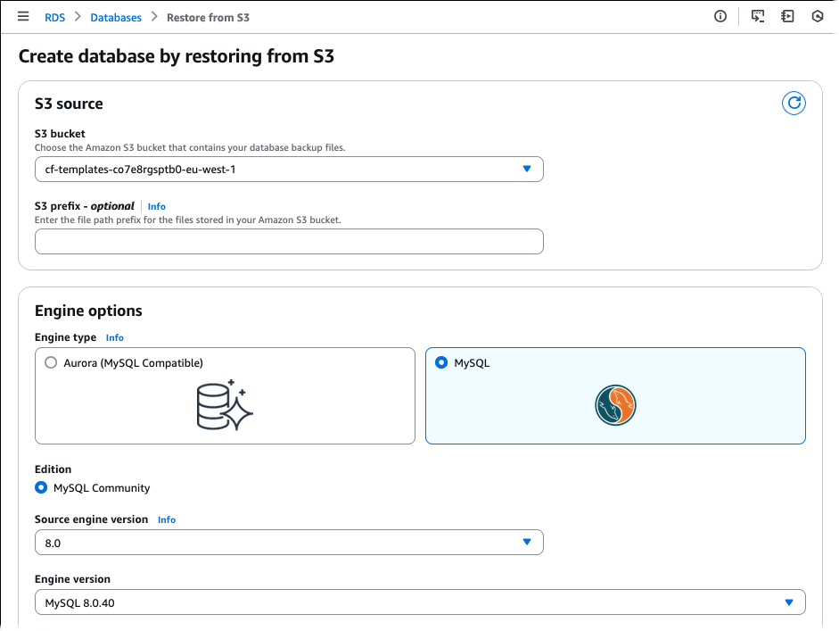 The Create database by restoring from S3 page where you specify the details for restoring a DB instance from S3.
