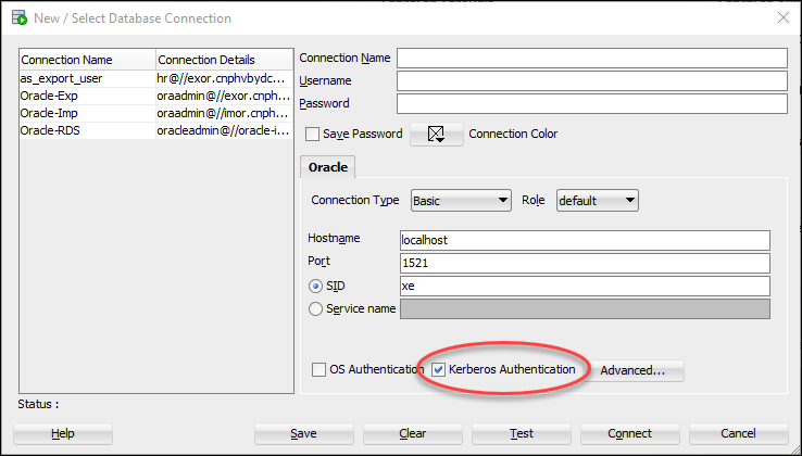Shows the New/Select Database Connection dialog box in Oracle SQL Developer. The Kerberos Authentication checkbox is selected.
