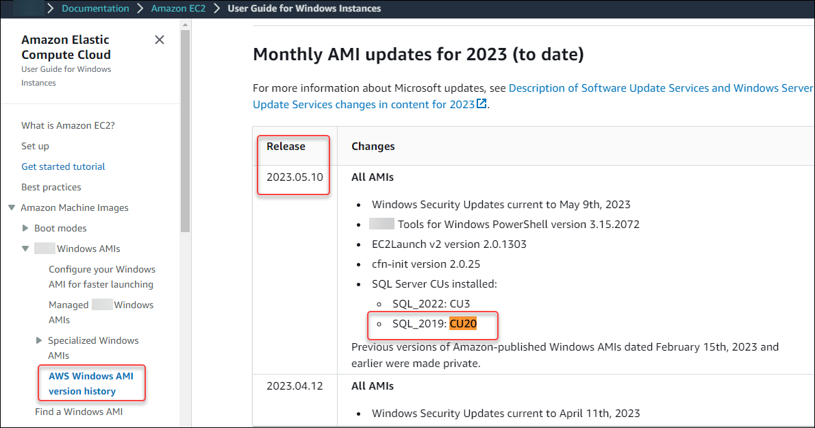 AMI version history result for SQL Server 2019 CU20.